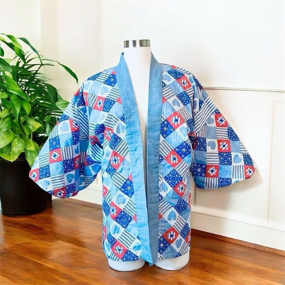 Vintage 1970s Red Blue White Patchwork Cardigan Duster Kimono Medium - Picture 1 of 6